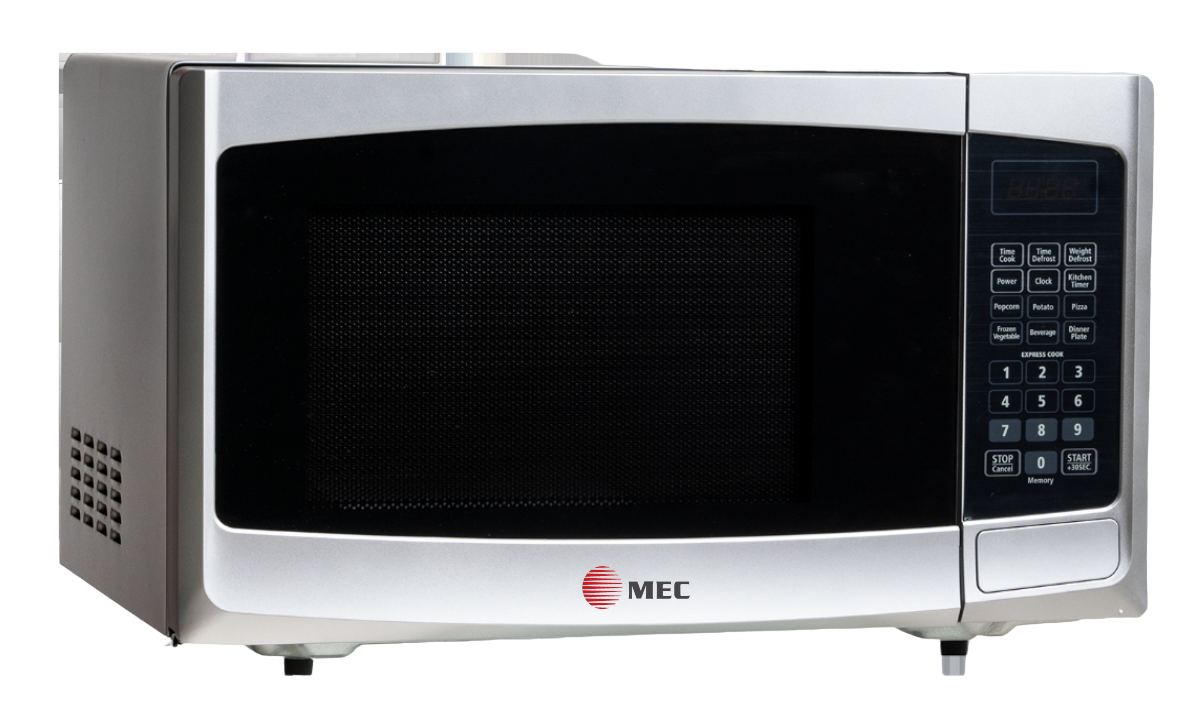 Silver microwave oven with black door on a white background