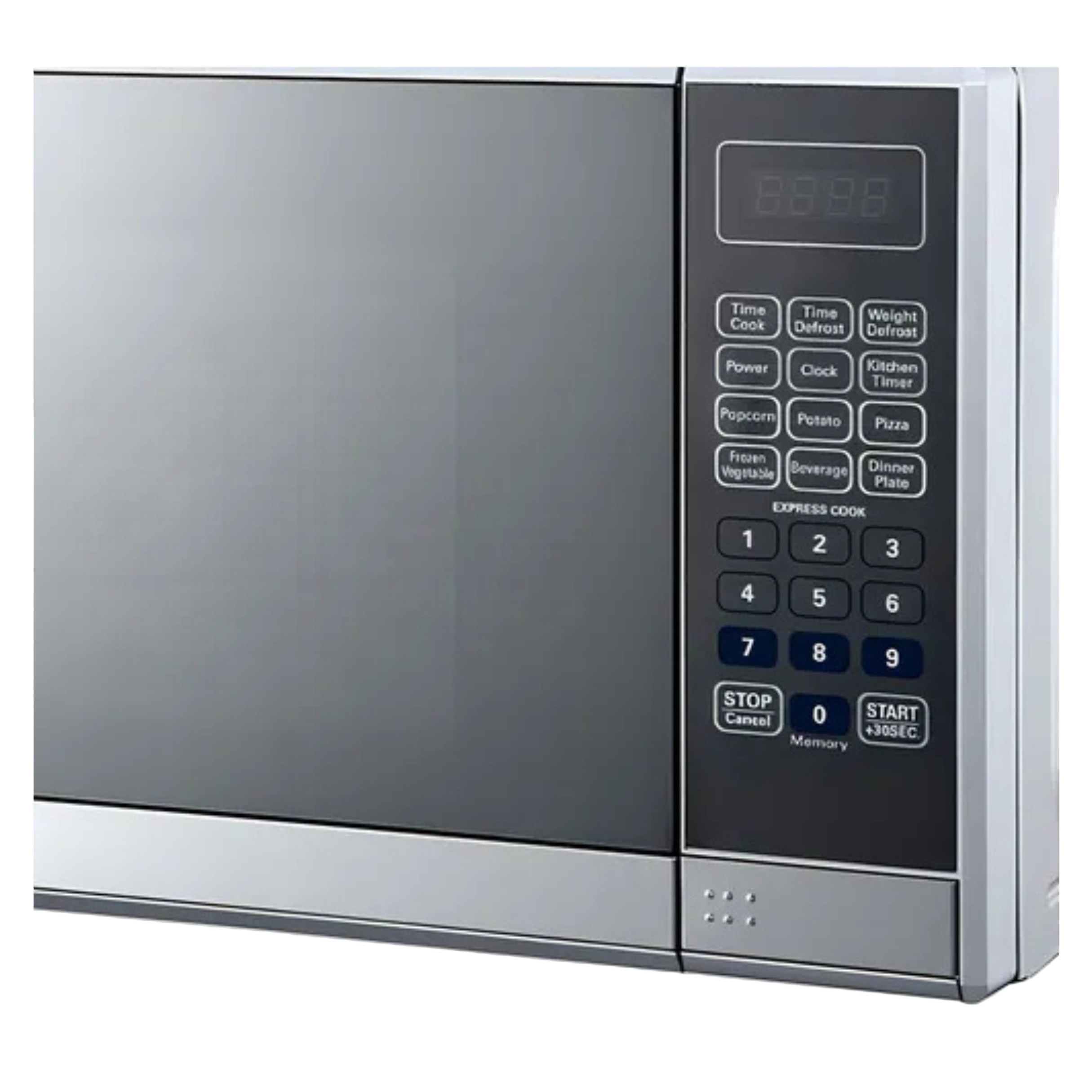 Stainless steel microwave oven with digital control panel on a white background