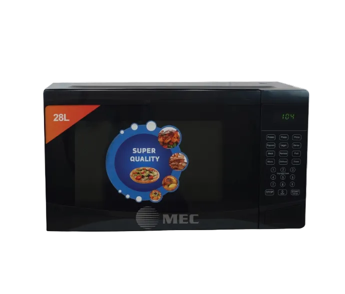 Black microwave oven with MEC branding on a white background
