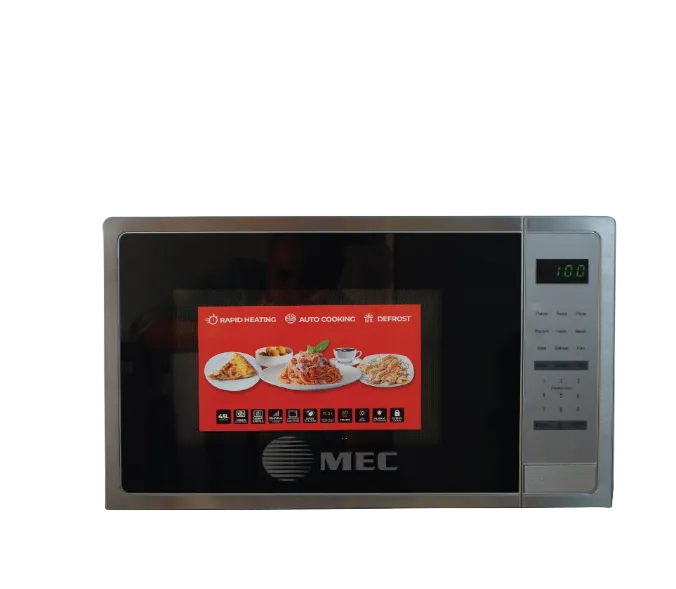 Microwave oven with digital display and MEC branding on a white background