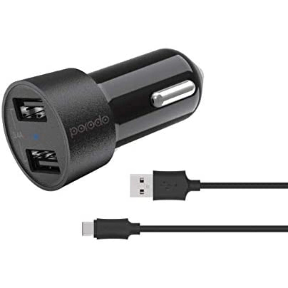 PD-M8J622T-BK/Porodo Dual USB Car Charger  Porodo Dual USB Car Charger 3.4A with 1.2m/4ft Type-C Cab CHARGER / Black / N/A