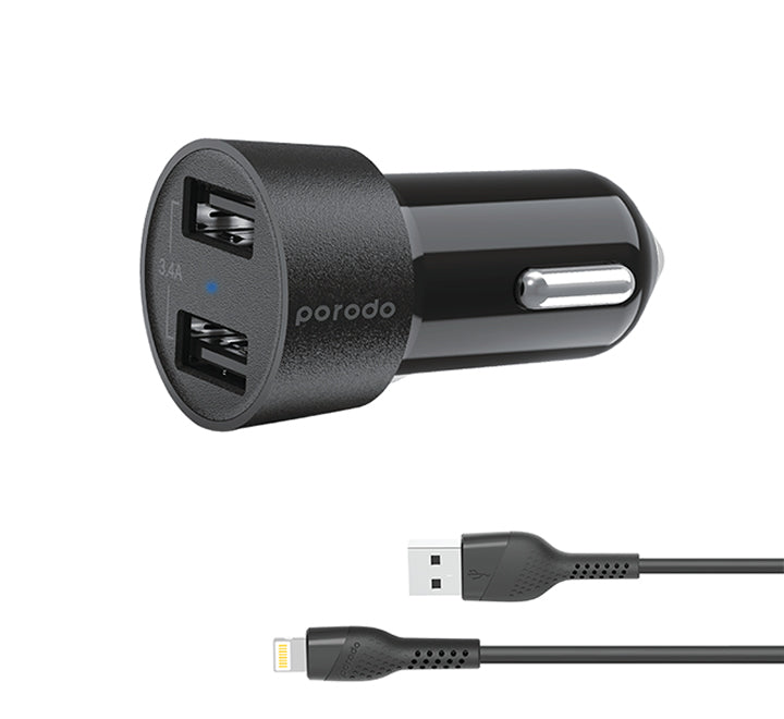 PD-M8J622M-BK/Porodo Dual USB Car Charger  Porodo Dual USB Car Charger 3.4A with 1.2m/4ft Micro USB PORODO / Connectivity