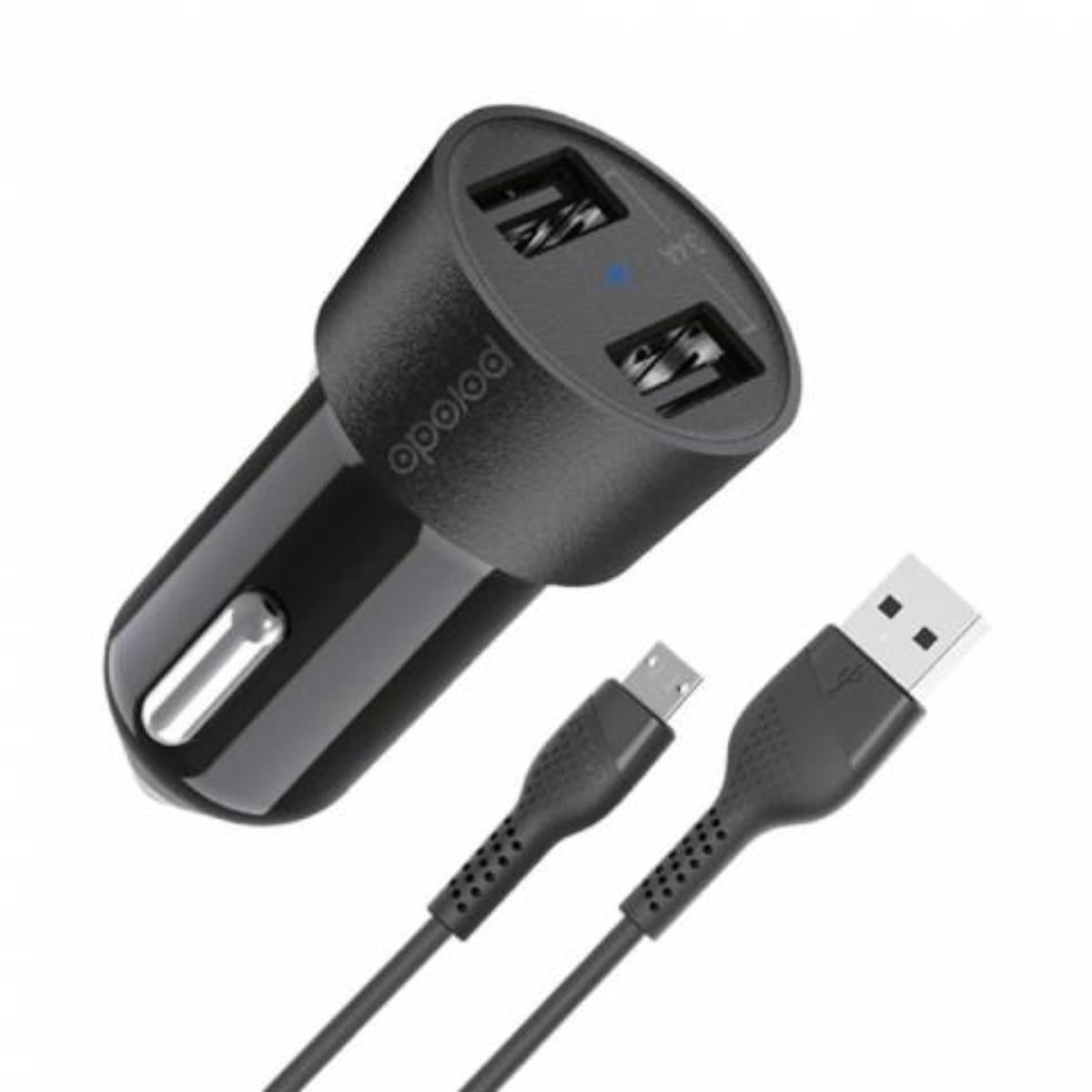 PD-M8J622M-BK/Porodo Dual USB Car Charger  Porodo Dual USB Car Charger 3.4A with 1.2m/4ft Micro USB PORODO / Connectivity