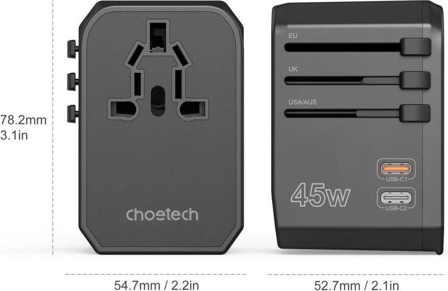 PD6045/Choetech Travel Charger with US EU UK AU Plugs-45 W, GaN Technology