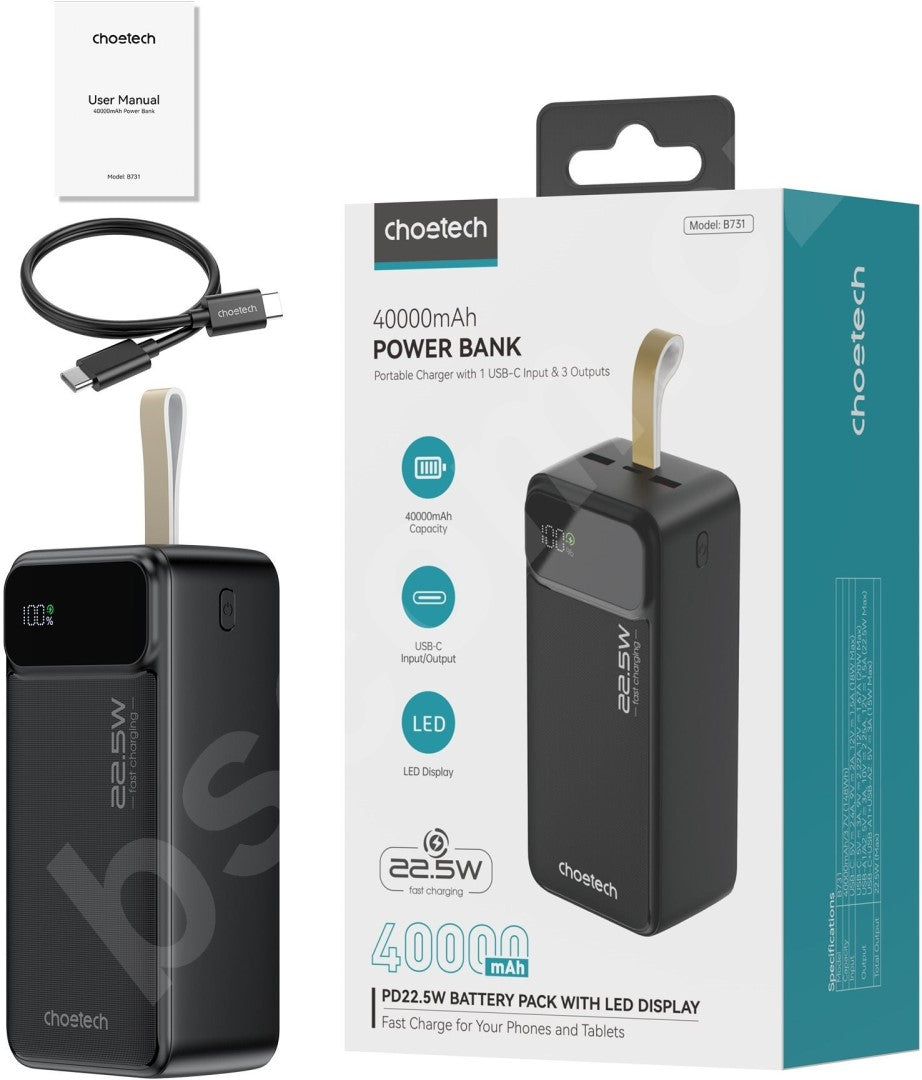 CHOETECH Digital Power Bank PD22.5W, 40000Mah