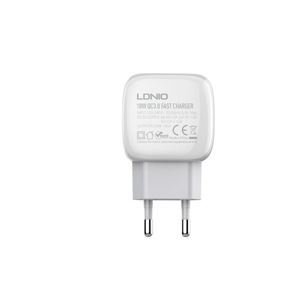 شاحن حائط Ldnio QC3.0 بمنفذ USB واحد، بقوة 18 واط، باللون الأبيض