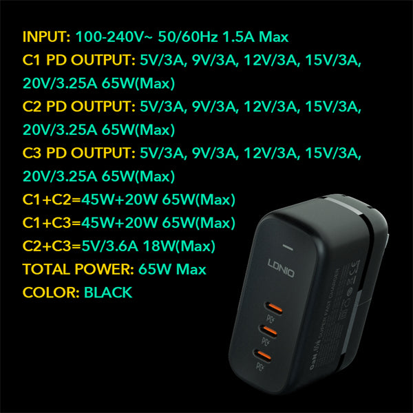 Ldnio Fast Charging Protocols, 65Watts, Black Ldnio Fast Charging Protocols, 65Watts, Black