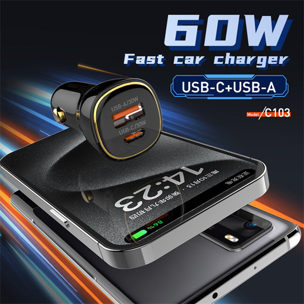 Ldnio Fast Car Charger, 60Watts, High Power PD30W, QC30W, Black