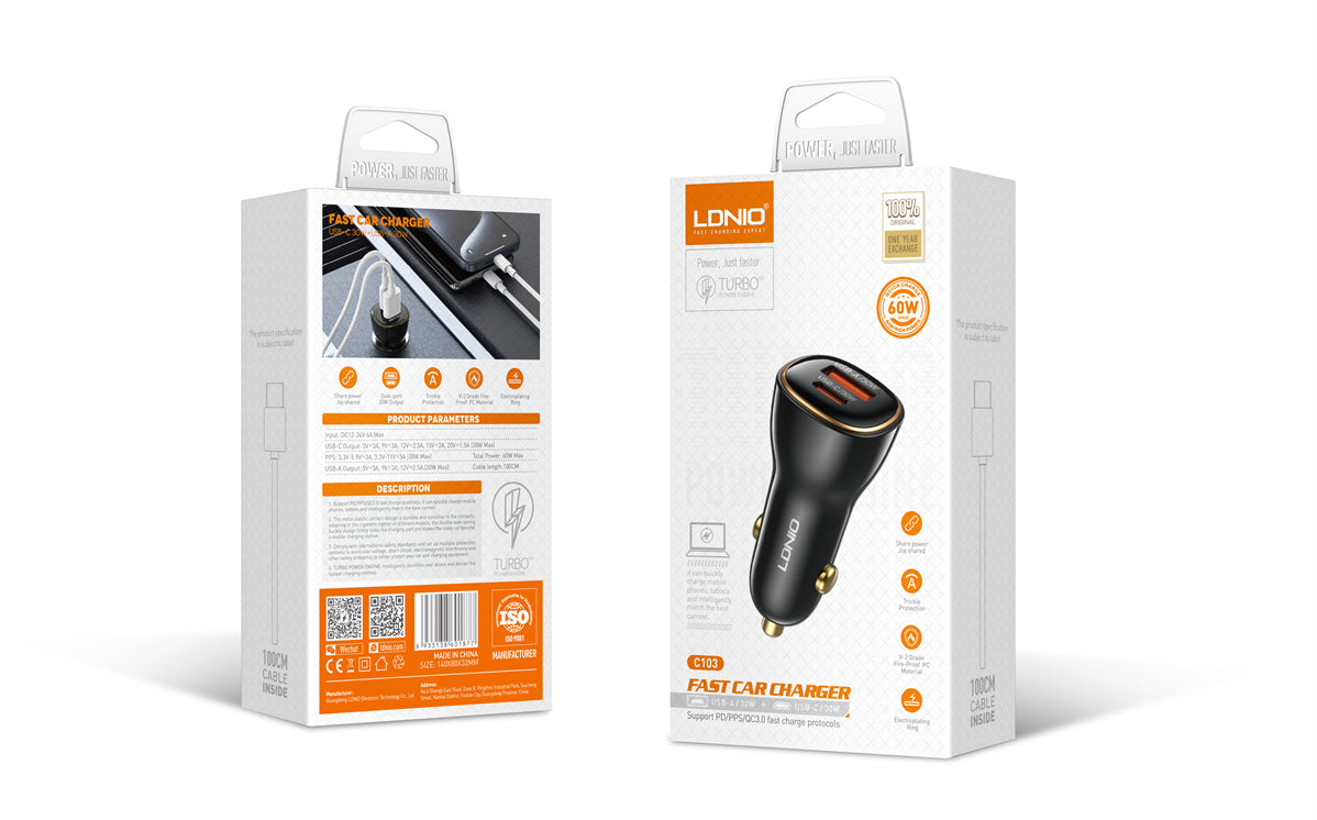 Ldnio Fast Car Charger, 60Watts, High Power PD30W, QC30W, Black