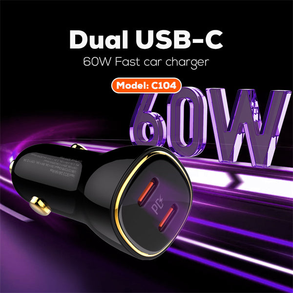 Ldnio Fast Car Charger, 60Watts, High Power Dual PD30W, Black