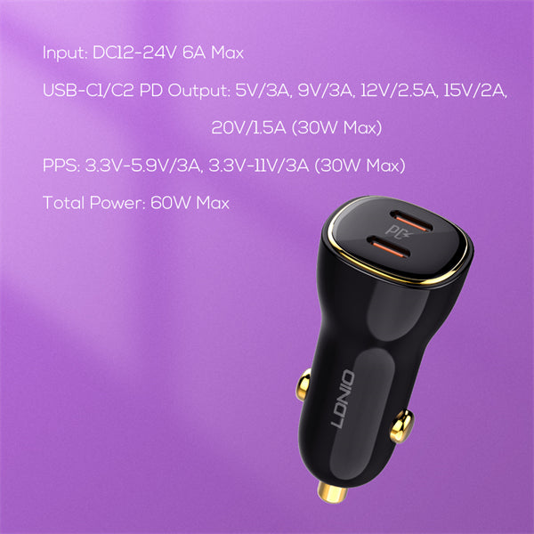 Ldnio Fast Car Charger, 60Watts, High Power Dual PD30W, Black