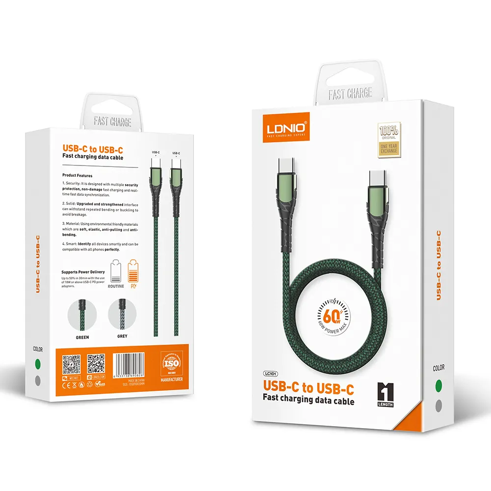 Ldnio Cable Fast Charger, Type-C to Type-C, 1Mm, 60Watts