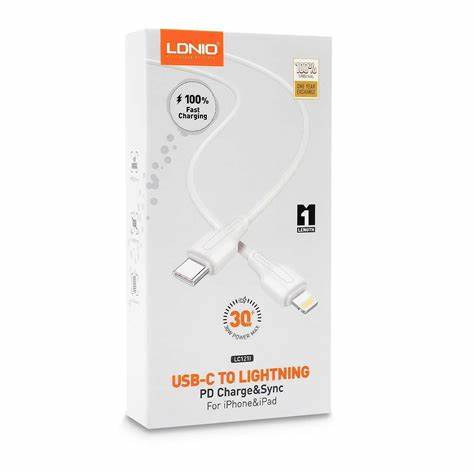 Ldnio Fast Charger Cable, 1Mm, 30Watts, Type-C to Lightning, White