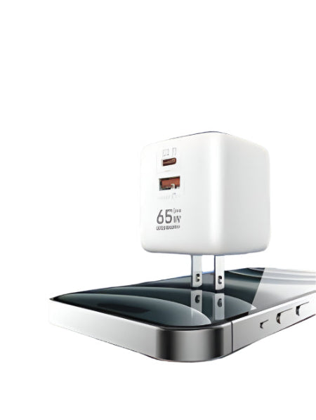 65W fast charging adapter with smartphone on a blue gradient background