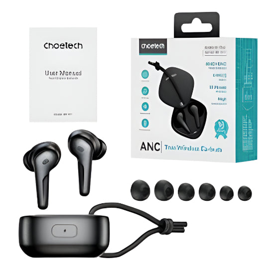 Choetech Wireless TWS ANC ENC IPX6 headphones in black color with multiple ear tips and a charging case, displayed alongside their packaging.