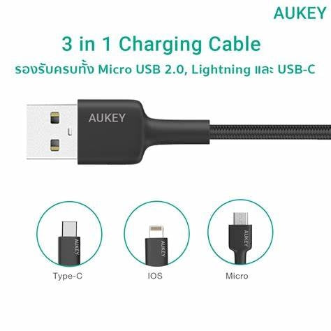 CB-BAL5/Aukey  3 In 1 MFI Lightning Cable With Micro USB & USB C Cable BLACK Cable / Black / N/A