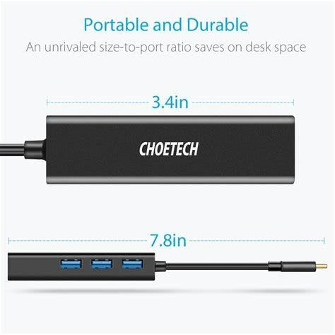 HUB-U02/1) CHOETECH Gold-plated Connectors , Type C to 1*RJ45, 3*USB 3.0 hub black Connector / Black / N/A