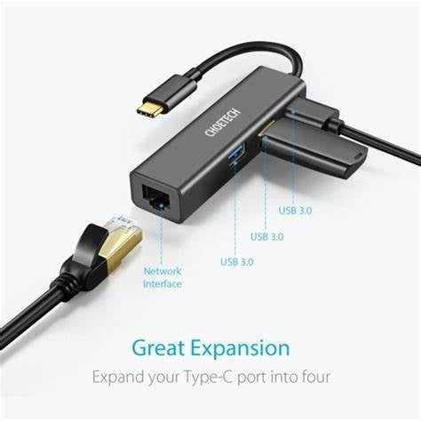 Choetech Gold-Plated Connectors Type C To 1*Rj45 3*Usb 3.0 Hub Black Choetech Gold-Plated Connectors Type C To 1*Rj45 3*Usb 3.0 Hub Black