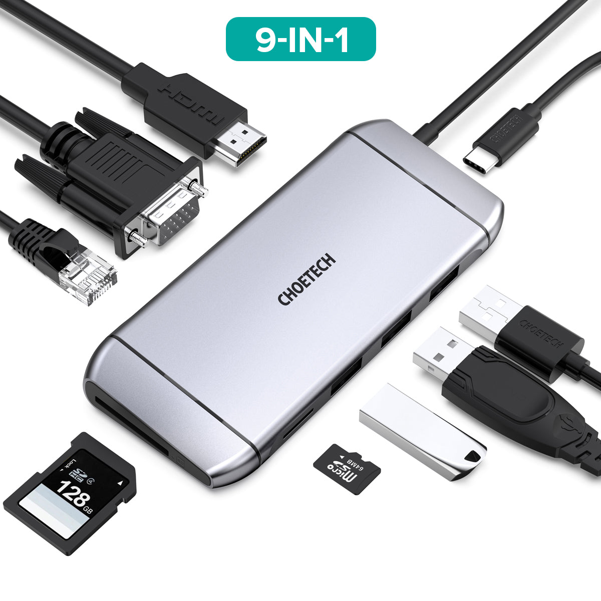 HUB-M15/Choetech 9 in 1 USB-C Multiport Adapter silver Multiport / Black / N/A