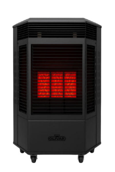 Black portable heater with red interior lights on a white background