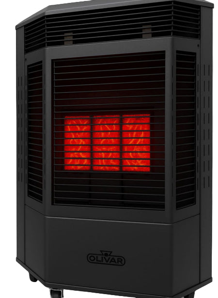 Black portable heater with visible brand logo on a white background