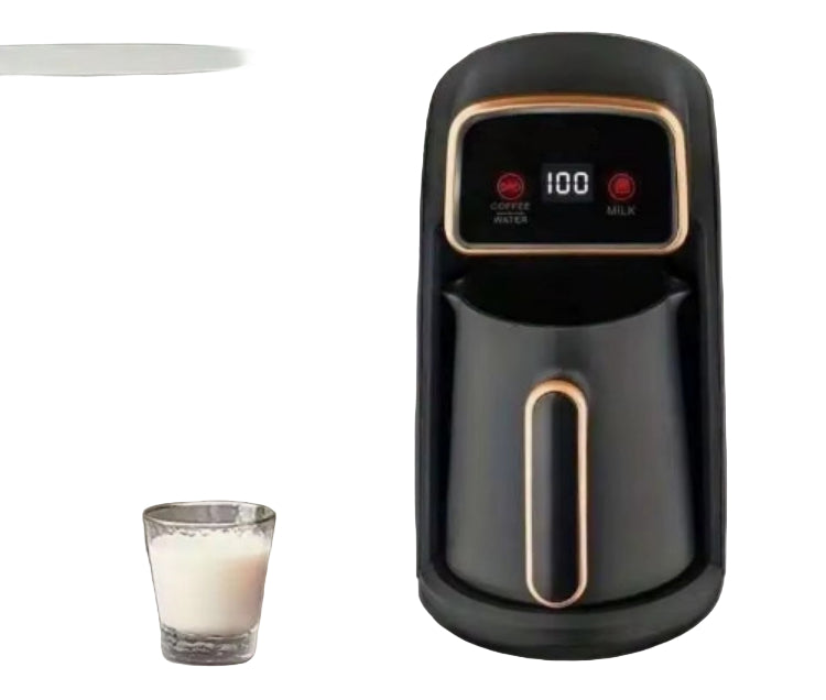 Black coffee machine with digital display next to a glass of milk on a gray background