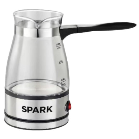 Stainless steel milk frother with black handle and 'Spark' branding on a white background