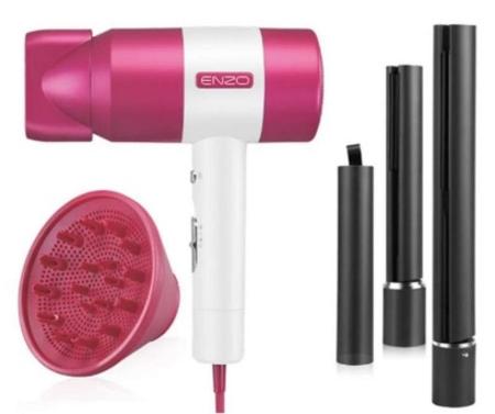 Enzo Hair Dryer & Curler Travel Kit, White & Pink