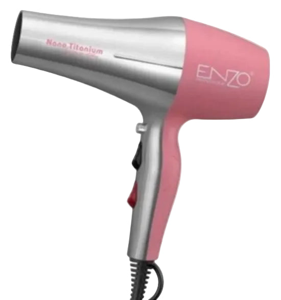 An Enzo hair dryer in white and pink colors, with a power cord, nozzle, and handle visible.