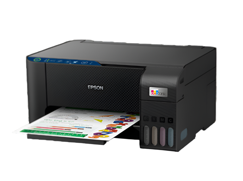 Epson printer with a sheet of printed paper on a white background