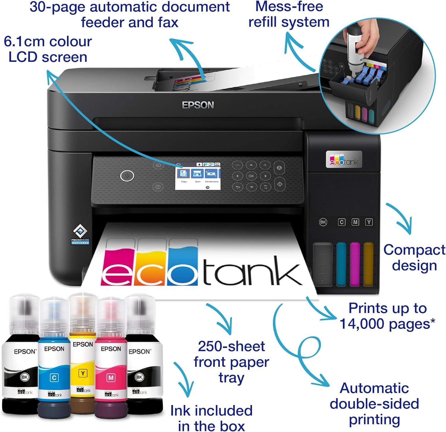 Epson Multifunction Printer Eco Tank A4, Wifi, 4800DPI, Black Epson Multifunction Printer Eco Tank A4, Wifi, 4800DPI, Black