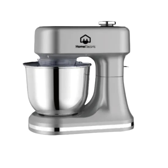 A silver-colored Home Electric stand mixer with a stainless steel bowl.