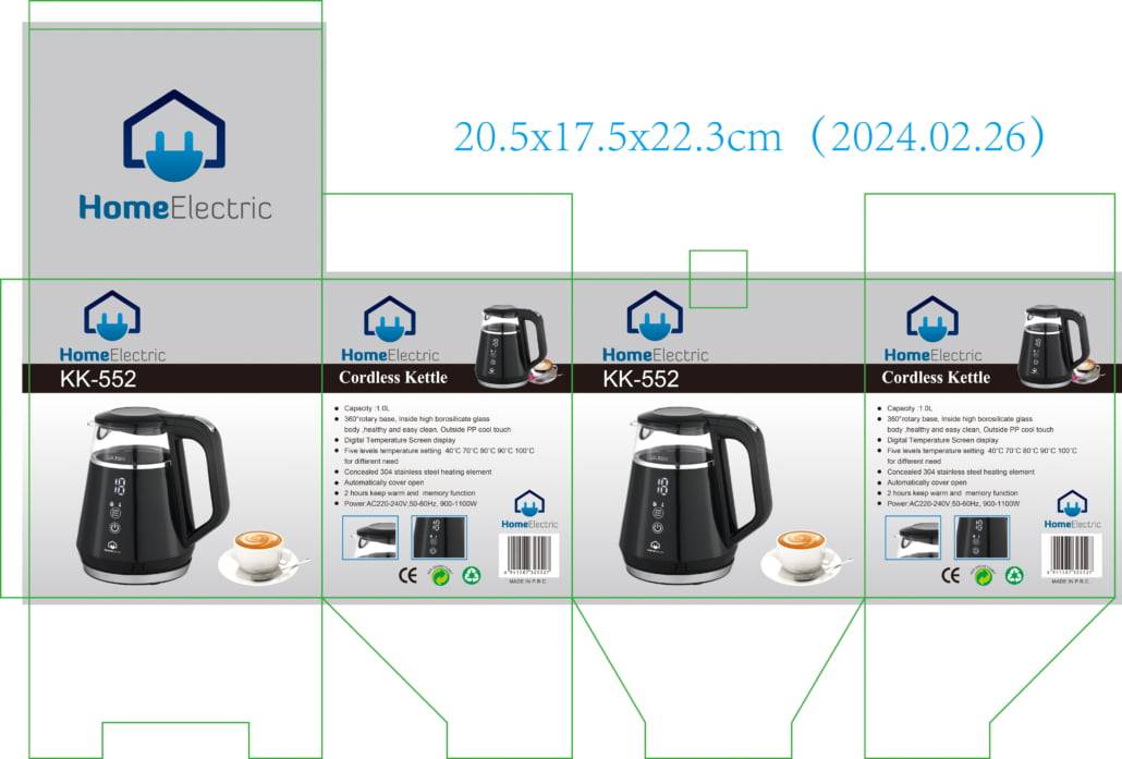 KK-552 / Home electric Kettle Digital , Glass with stainless , 1 L , 1100 W, Black and silver, Elect