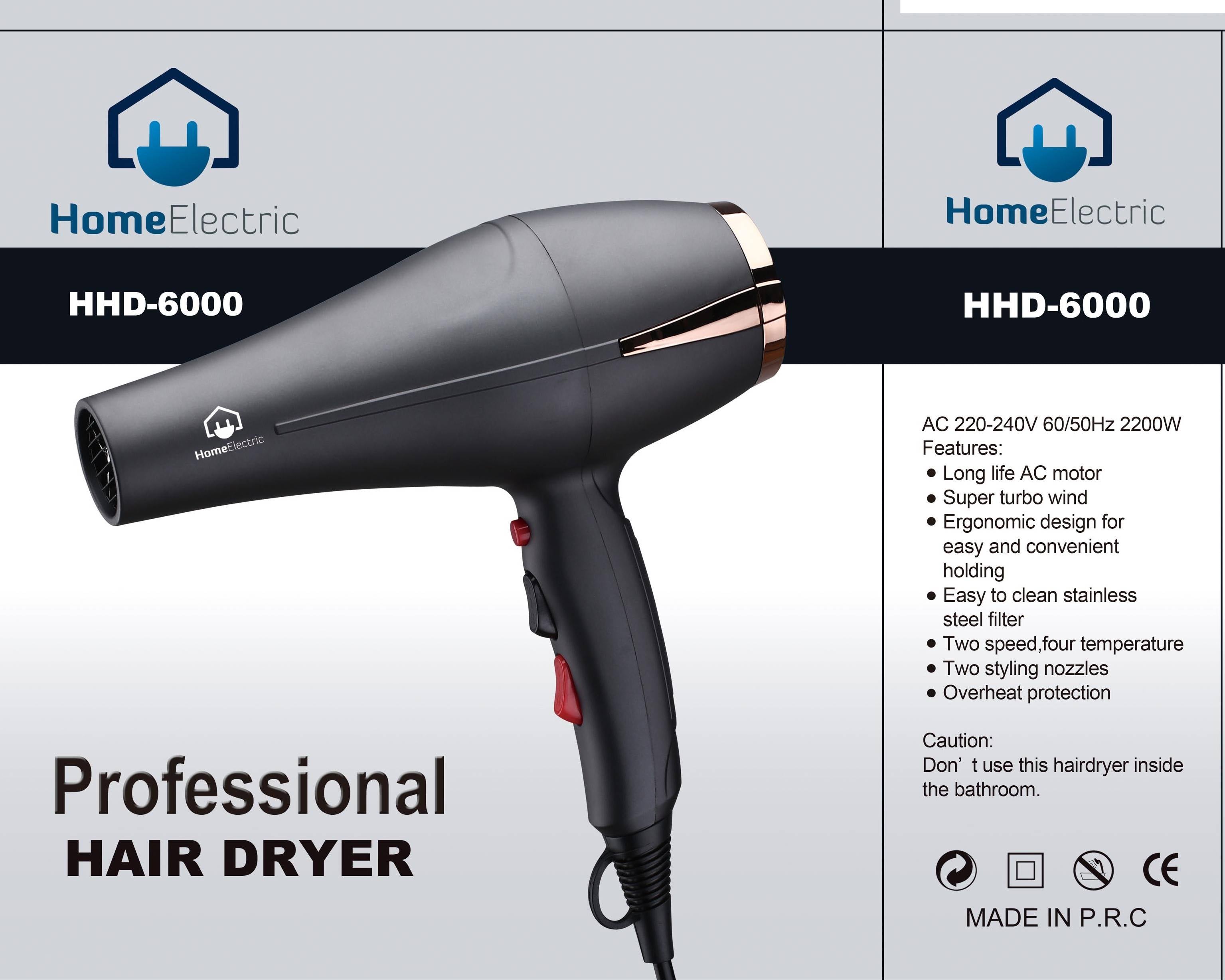 HHD-6000 / Home electric Hair Dryer 2200 W Black , AC Motor , Two Speed ,  Four Temperature , collin