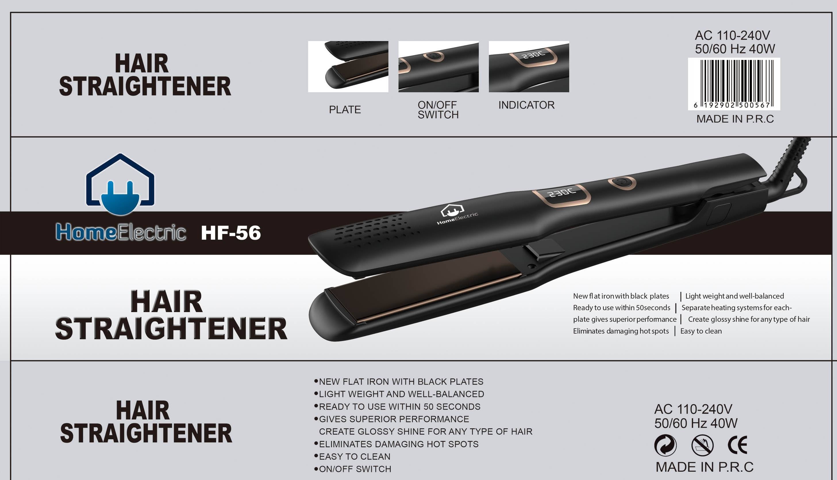 HF-56 / Home electric Hair Straightener ceramic 40W Black, 35 MM Plates, Heat 230 C, Flar Iron with