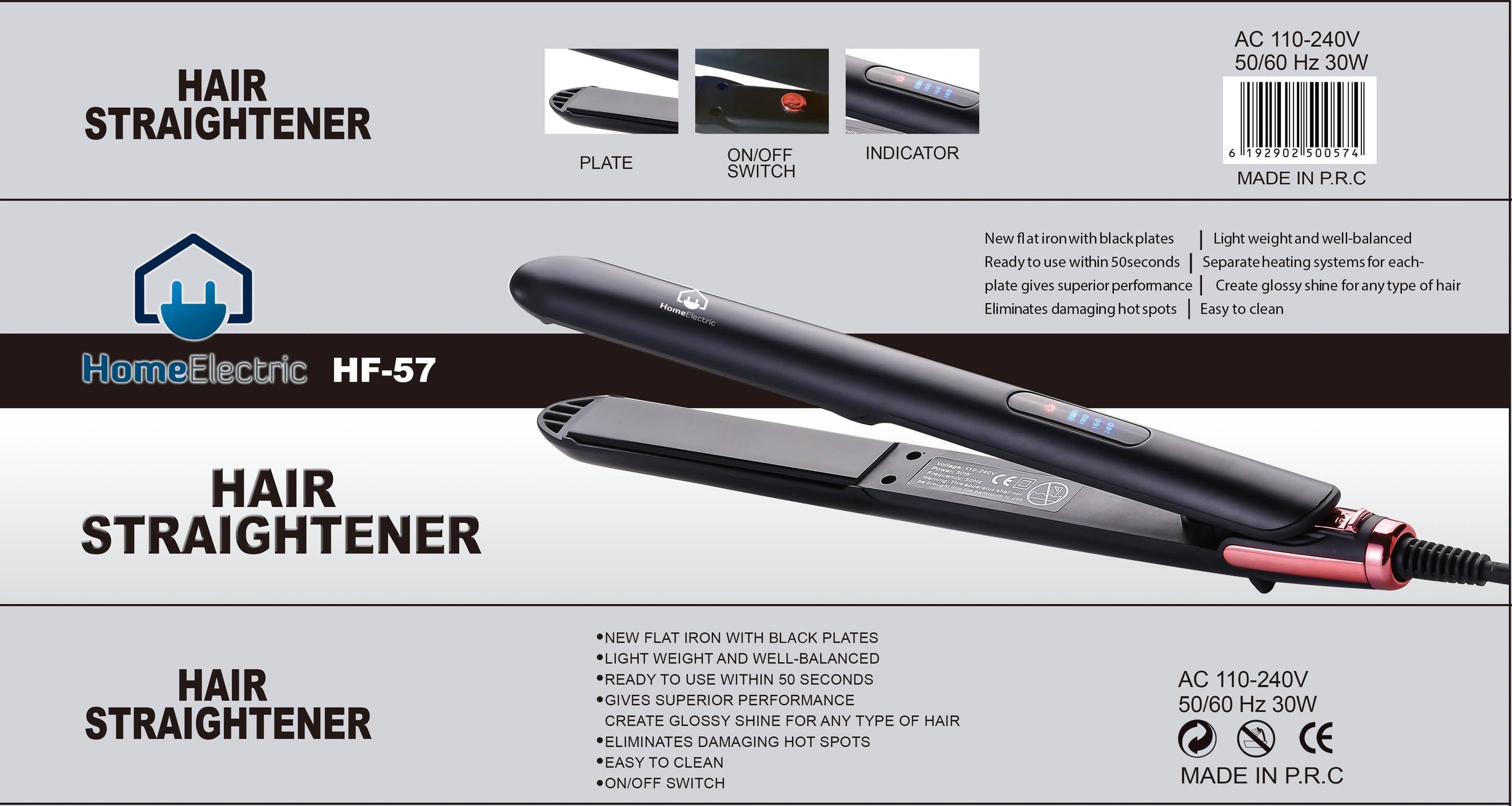 HF-57 / Home electric Hair Straightener ceramic 30W Black, 20 MM Plates, Heat 220 C, Flar Iron with