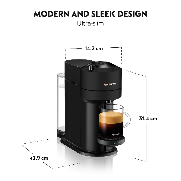Nespresso coffee machine with dimensions labeled on a white background