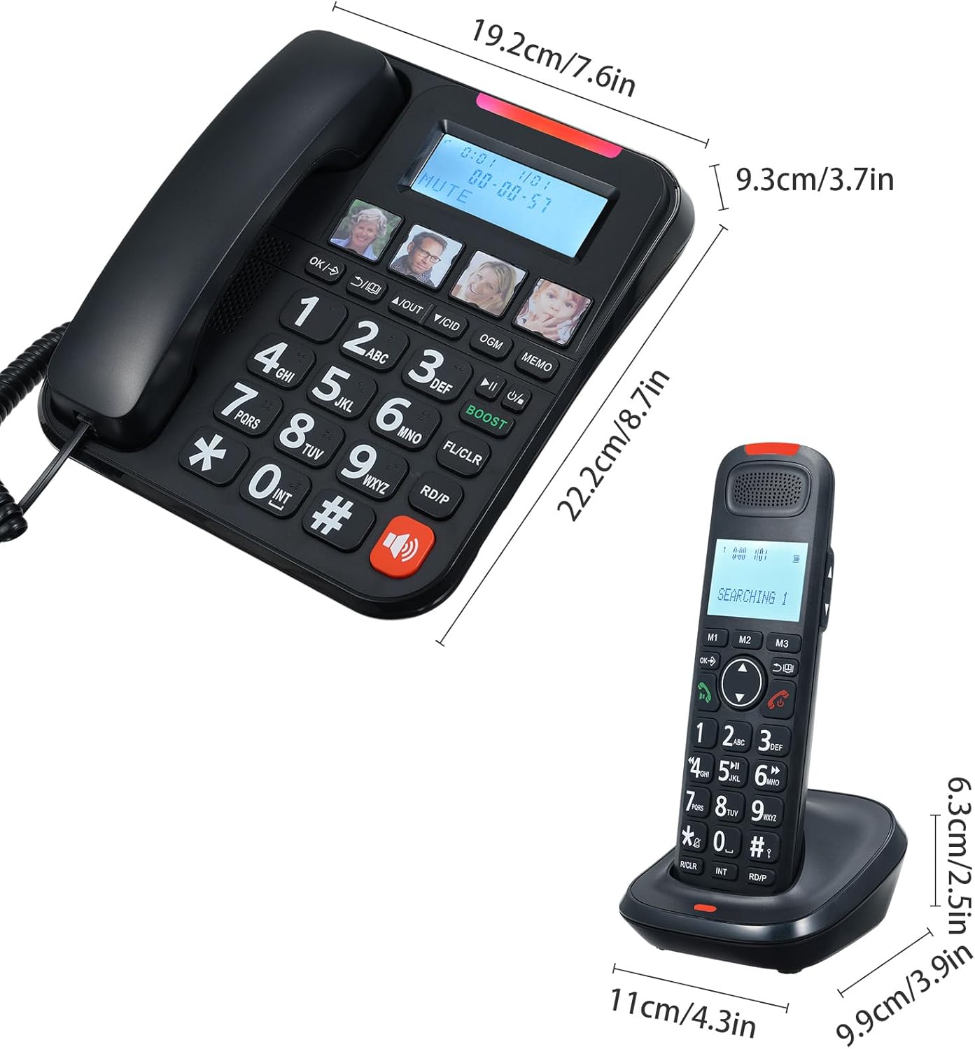 GOL NOM Expandable Phone Set Corded & Cordless Phone System, Answering Big Buttons Handset, Black