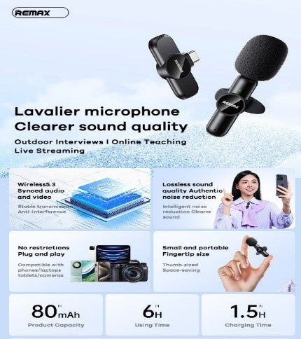 K09 Type-c/REMAX Ryusic Series One-To-One Live Stream Wireless Microphone Type-C, plug and play, noi