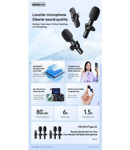 K10 iph/REMAX Ryusic Series 2.4GHz Wireless Lavalier Microphone for iphone One-To-Two Live-Stream Wi