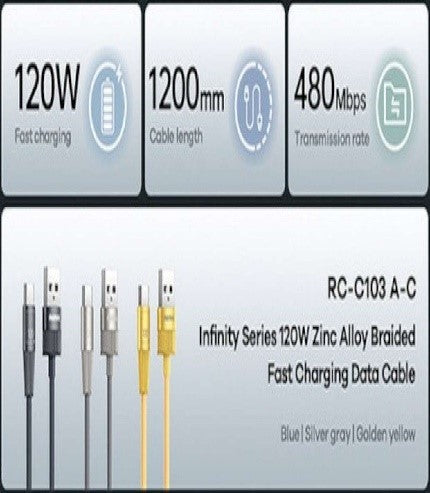 RC-C103/REMAX Zinc Alloy Braided Fast Charging Data Cable USB TO Type-C Cable 120W, 1.2M