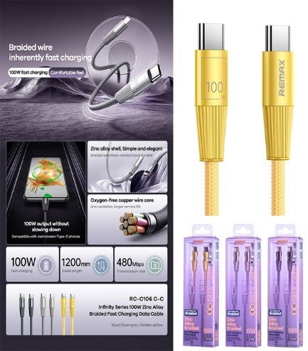 Remax Zinc Alloy Birded Fast Charging, Data Cable Type - C To Type - C, 100Watts, 1.2Mm