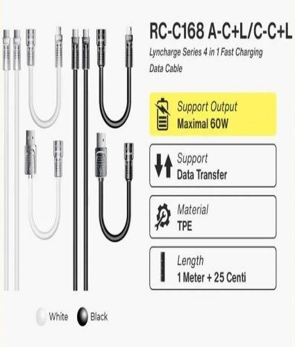 RC-C168/REMAX Cable 4in1 Fast Charging 60W Lyncharge Type C to Type C with Extension USB-A & Lightni