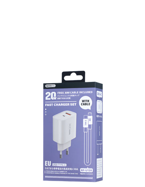 Remax Wall Charger USB A & Type C Fast Charger, 20Watts, White Remax Wall Charger USB A & Type C Fast Charger, 20Watts, White