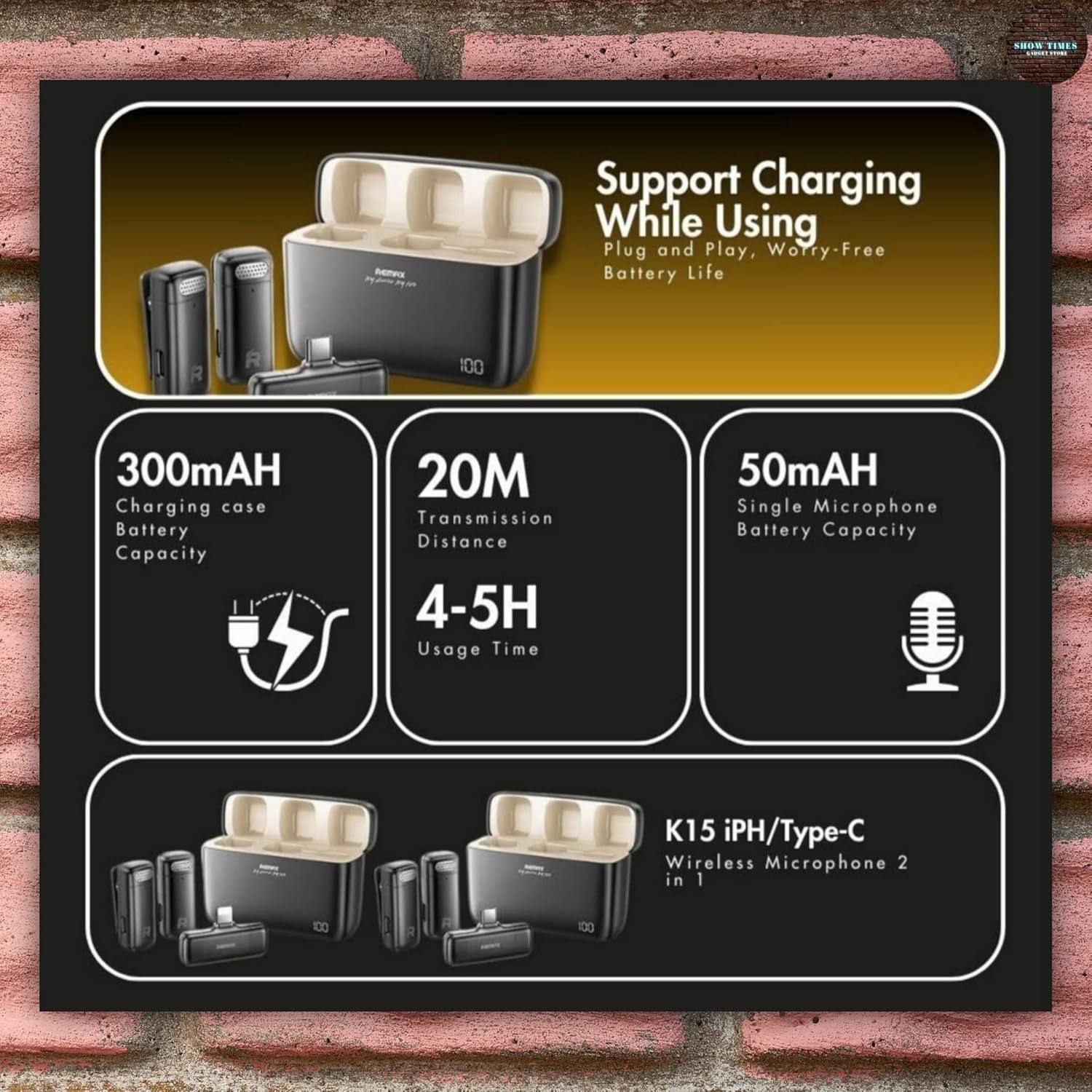 Remax Wireless Microphone 2 in 1 Plug & Play, Auto connect, video shooting & live stream, Black