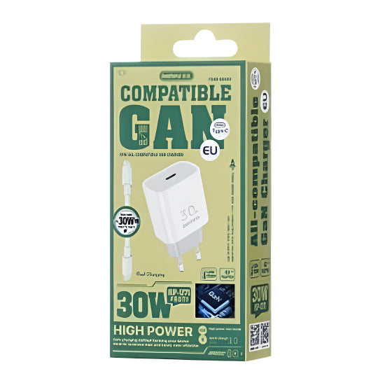 Remax Wall Charger & Fast Data Cable, 30Watts, White