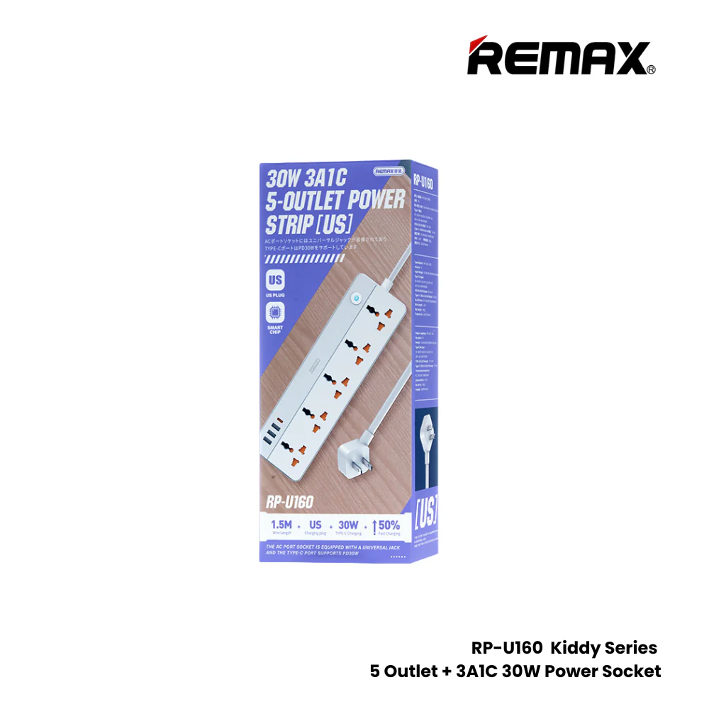 Remax Kiddy Adapter 30Watts, 5 Outlet, 1.5Mm, White