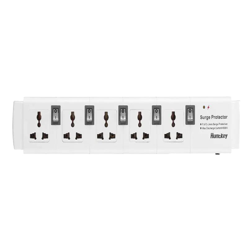 Surge protector with multiple sockets on a white background
