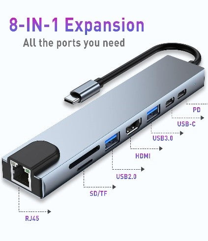 GBT 8 Ports-in-1 USB C Hub Adapter, 4K HDMI, Charger, USB C Ports, SD/Micro SD Card Readers