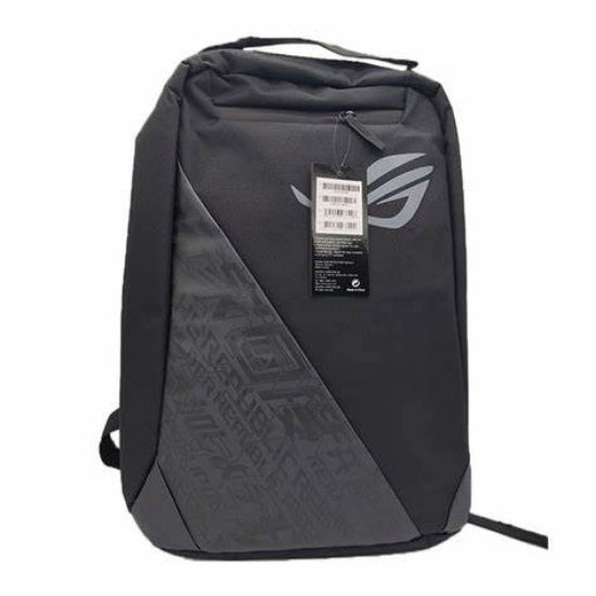 Black Asus gaming laptop backpack with a geometric pattern on the side and the Asus logo visible.